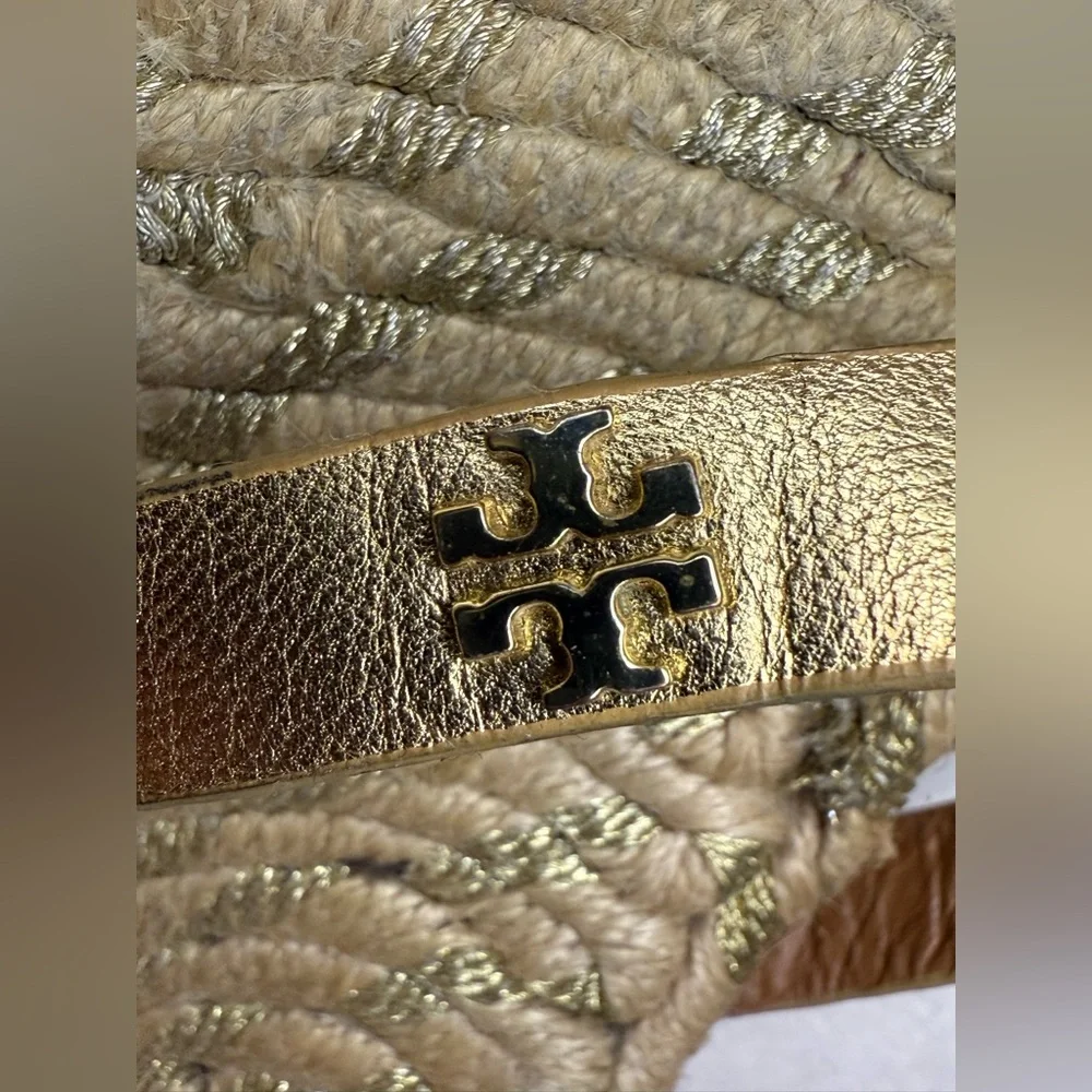 Tory Burch‎ Women's Two-Band Flat Metallic Goat Madras Espadrille Slide Gold 9
